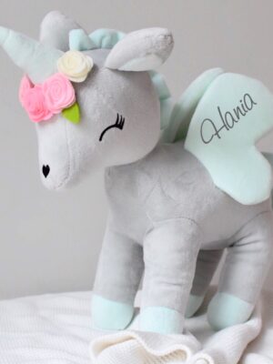 Pluszowy Jednorożec z wianuszkiem rozmiar L- Szaro/miętowy