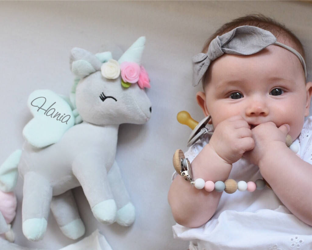 Pluszowy Jednorożec z wianuszkiem rozmiar M- Szaro/miętowy - obrazek 2